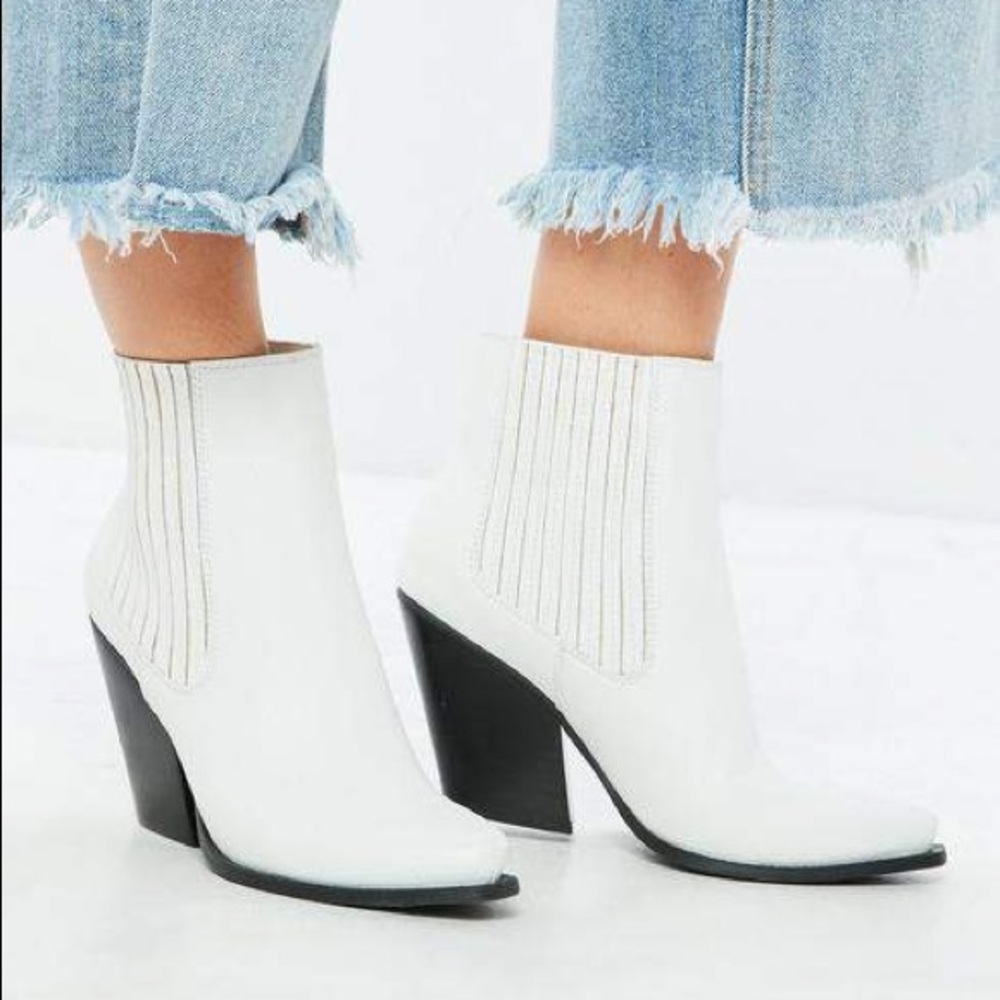 White Curved Heel Western Chelsea Ankle Boots